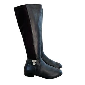 Michael Kors Knee High Riding Boots Size 8.5 Black Leather Stretch Metal Charm